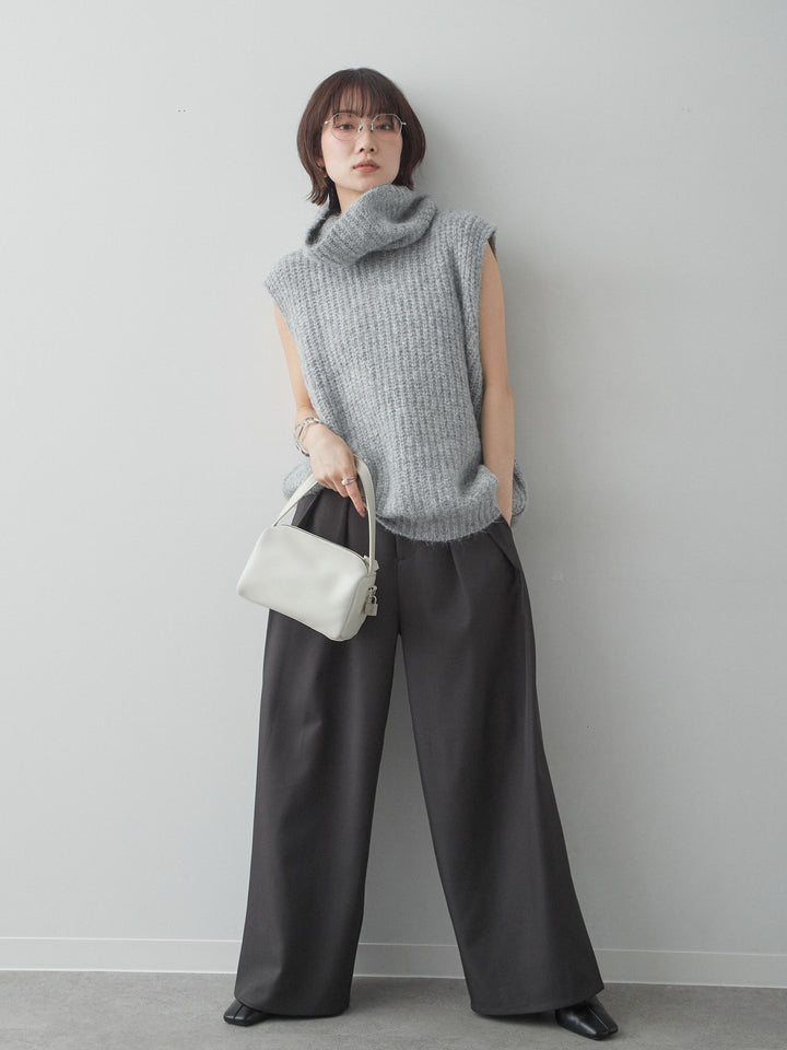 [SET]ハイネックシャギーオーバーニットベスト+ツイルタックワイドパンツ(2set)