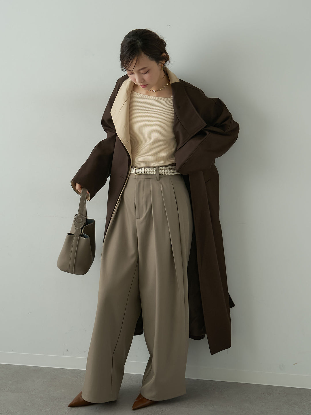 [予約]バイカラーロングトレンチコート/brown