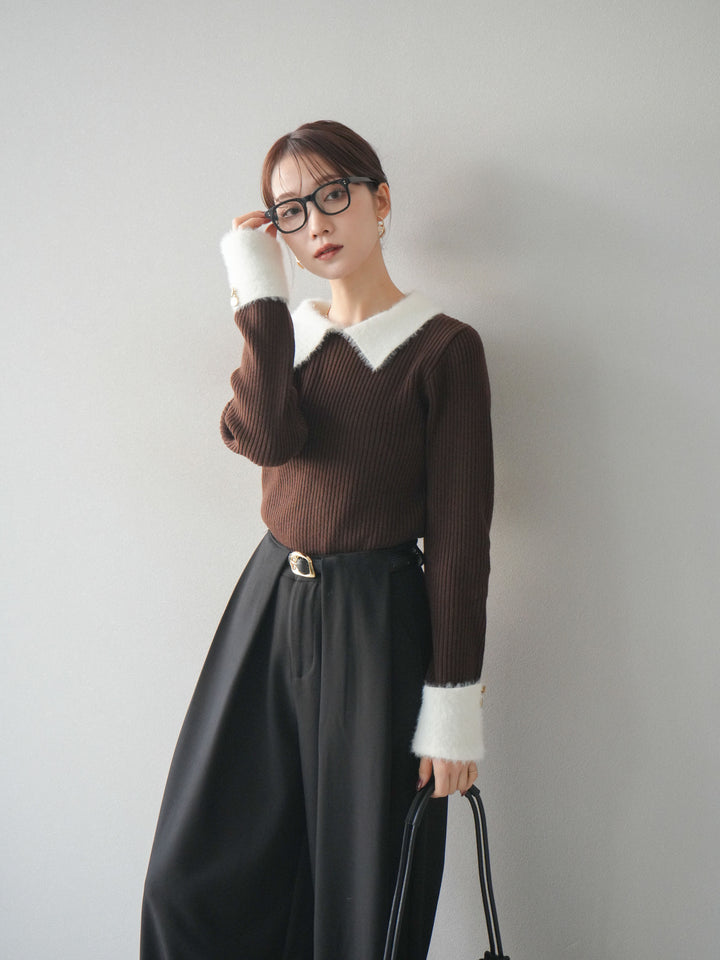 [SET]シャギー襟リブニットトップス+ベルトループデザインワイドパンツ(2set)