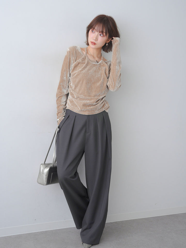 [SET]ベロアレイヤードデザイントップス+ツイルタックワイドパンツ(2set)