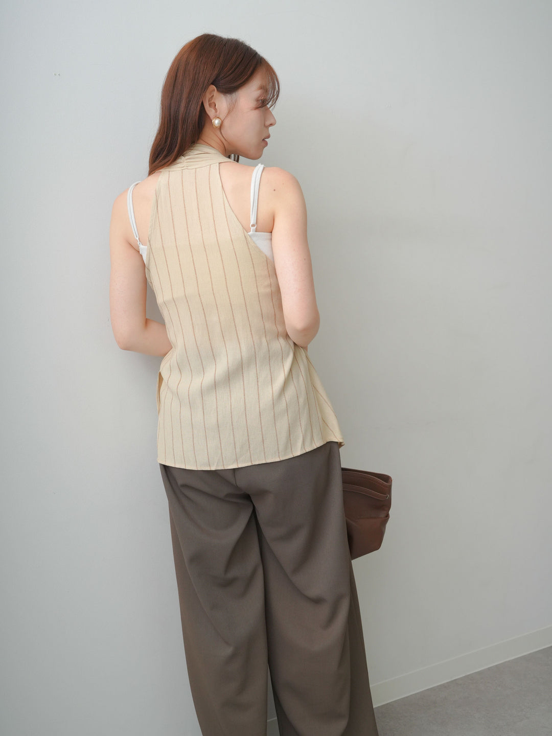 [SET]ストライプカシュクールジレ+クレープデシンタックワイドパンツ(2set)