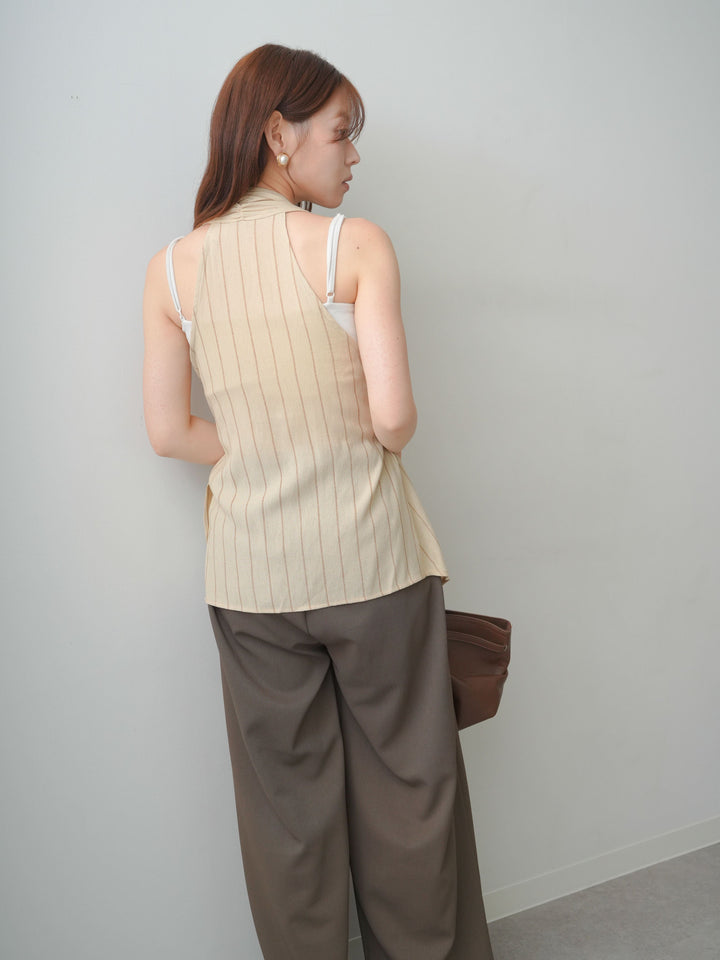 [SET]ストライプカシュクールジレ+クレープデシンタックワイドパンツ(2set)