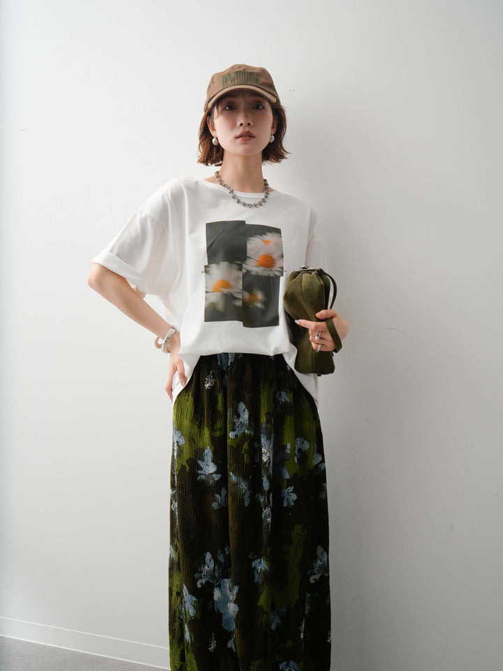 【着回しセット】フラワーフォトTEE+フラワープリントドレープタックパンツ+フラワープリントIラインギャザースカート(3set)