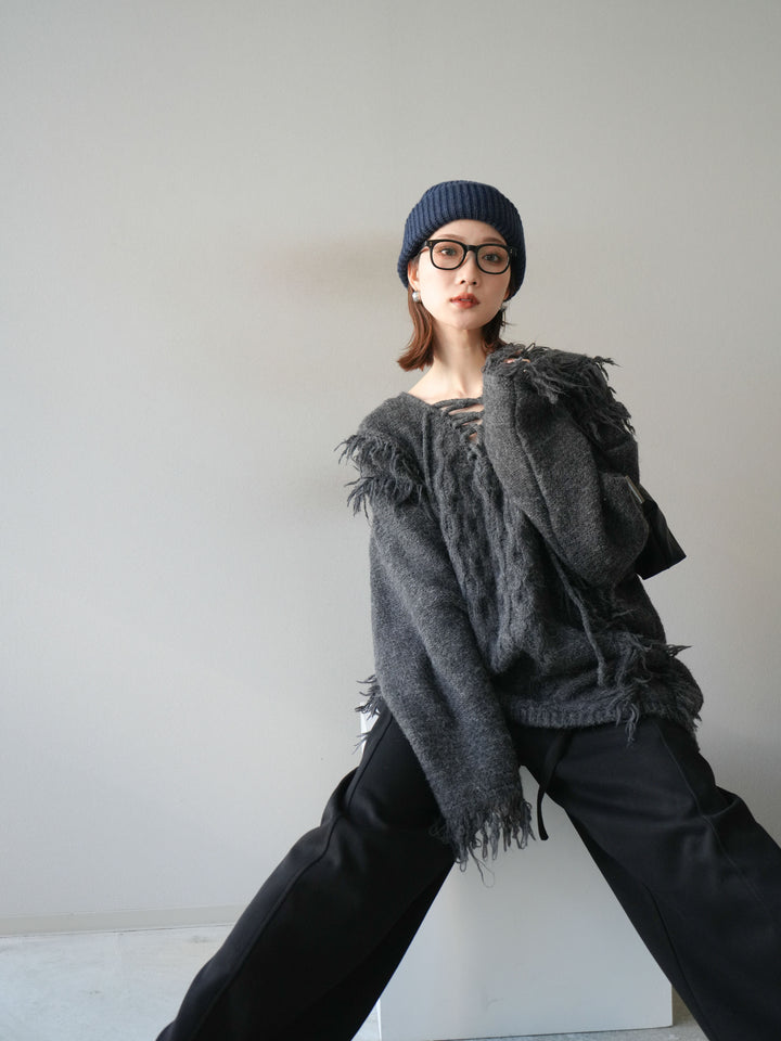 [予約]レースアップフリンジニットプルオーバー/gray