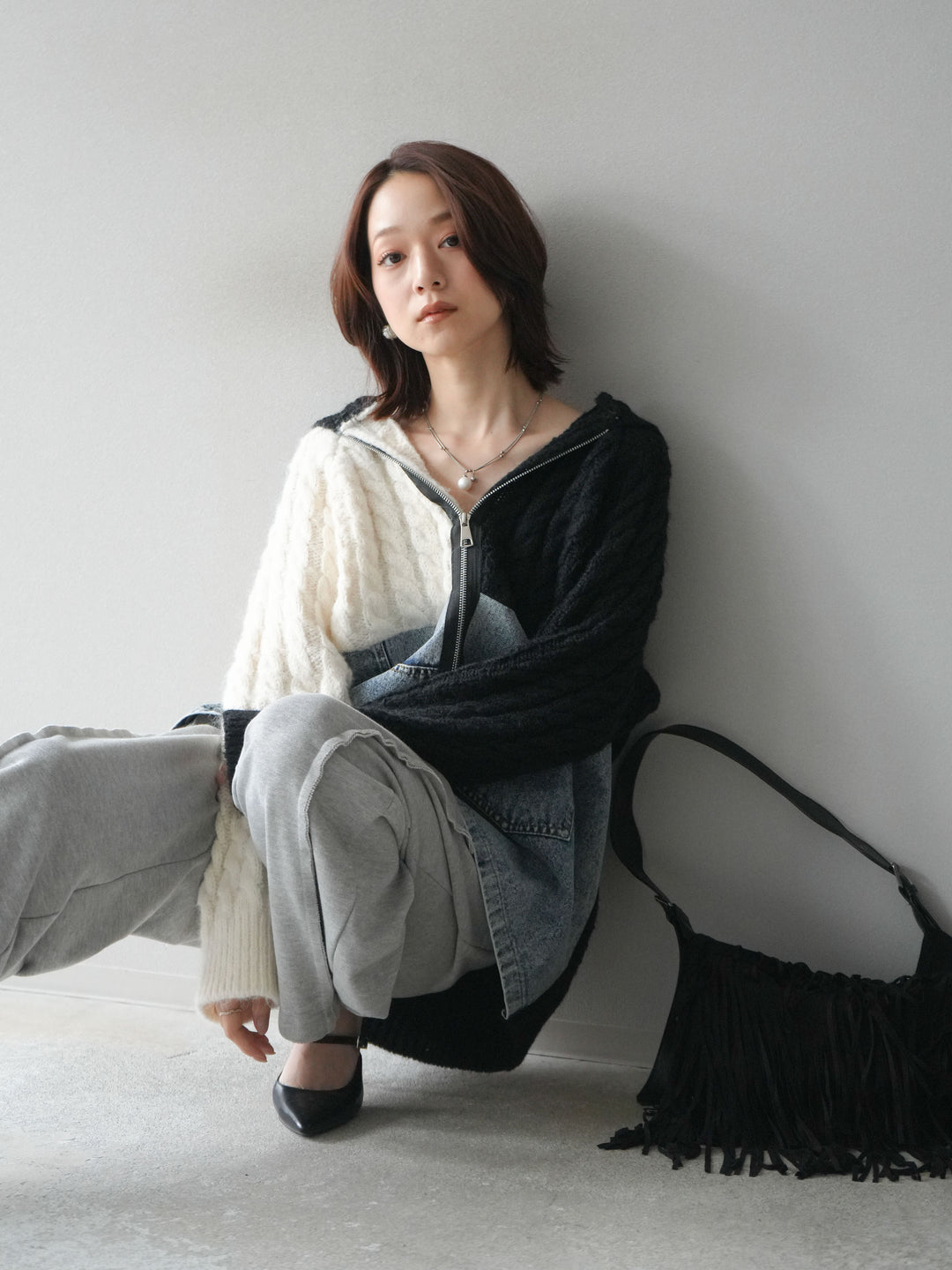 [予約]デニム×バイカラーニットZIPフーディ/black