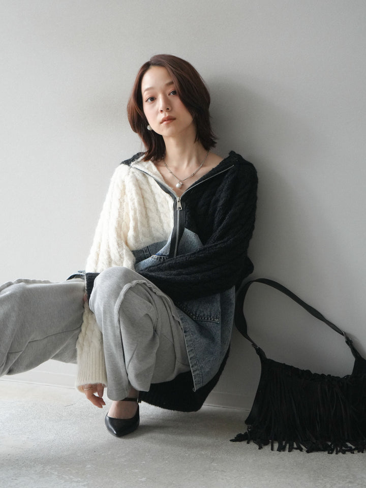 [予約]デニム×バイカラーニットZIPフーディ/black