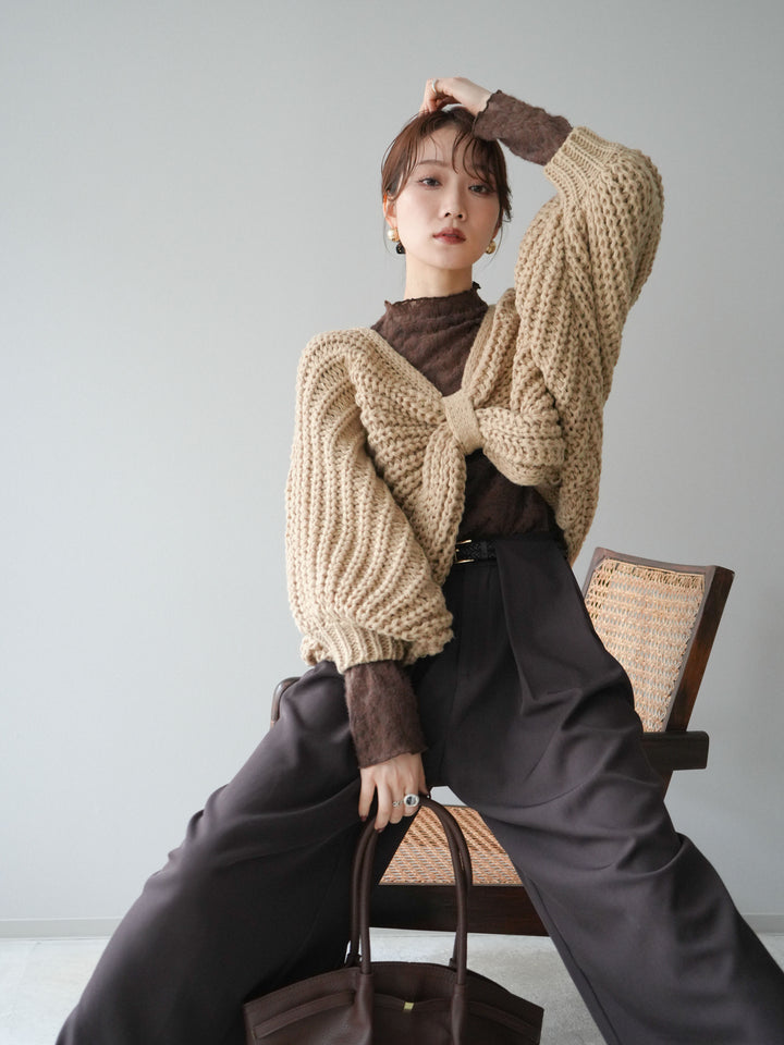 [SET]ローゲージ畦編みドルマンニットボレロ+起毛レースプチネックトップス(2set)