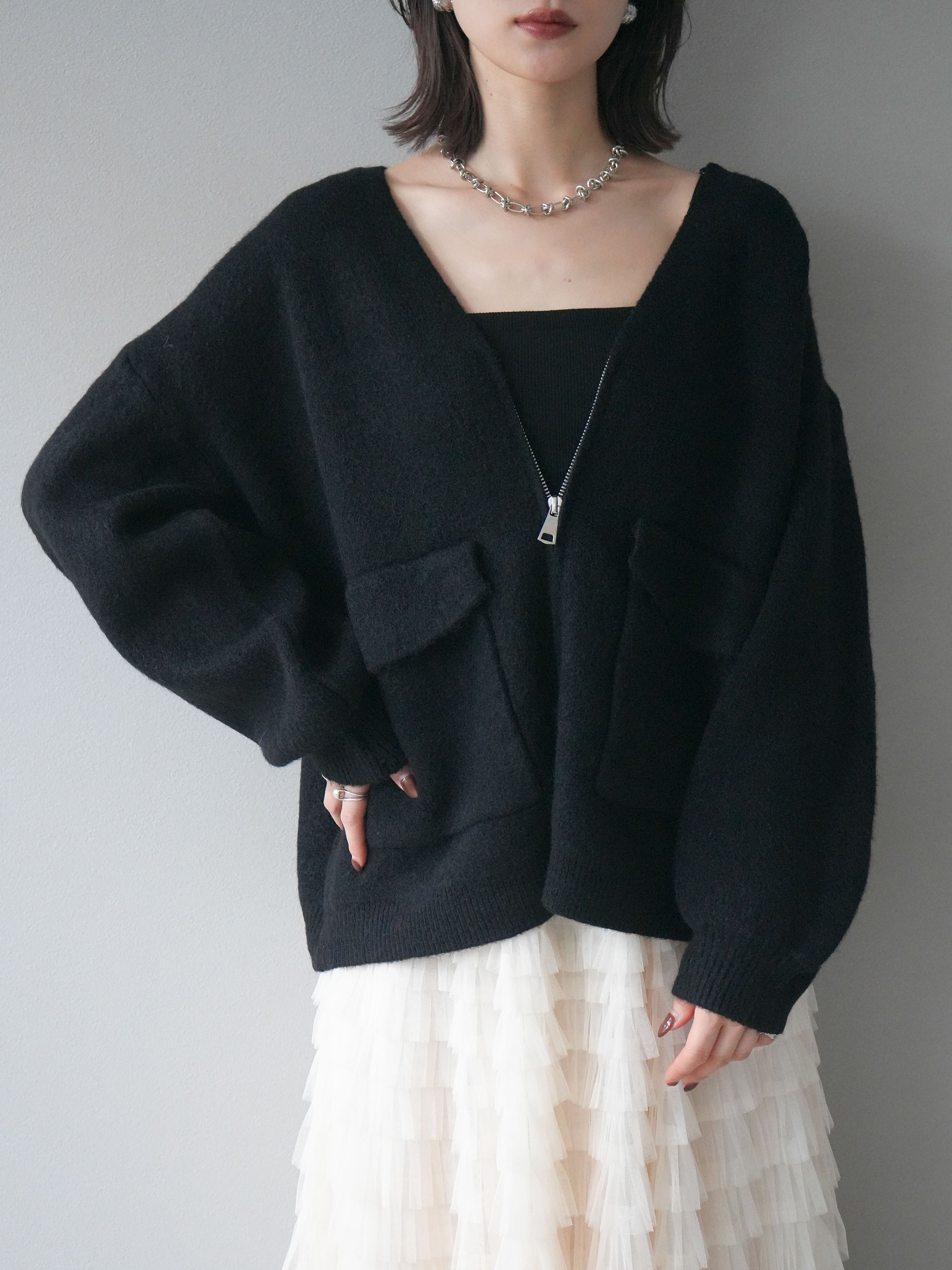 予約]BIGポケットジップニットカーディガン/black – Lumier