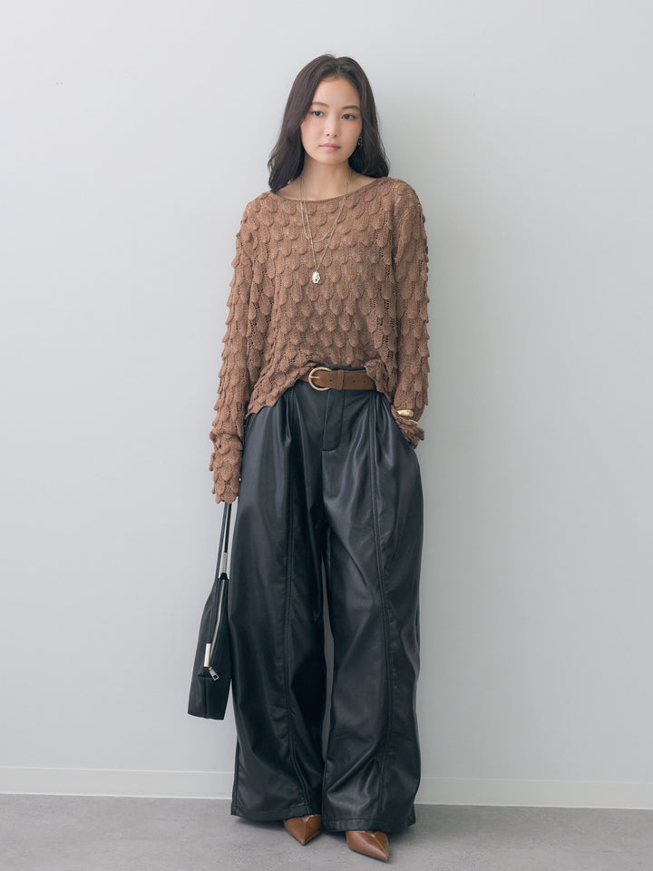 [SET]テクスチャードスカラップニットトップス+フェイクレザーワイドパンツ(2set)