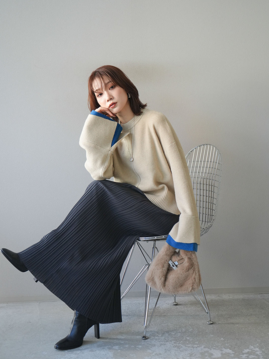 [SET]袖レイヤード配色ニットプルオーバー+プリーツIラインスカート(2set)