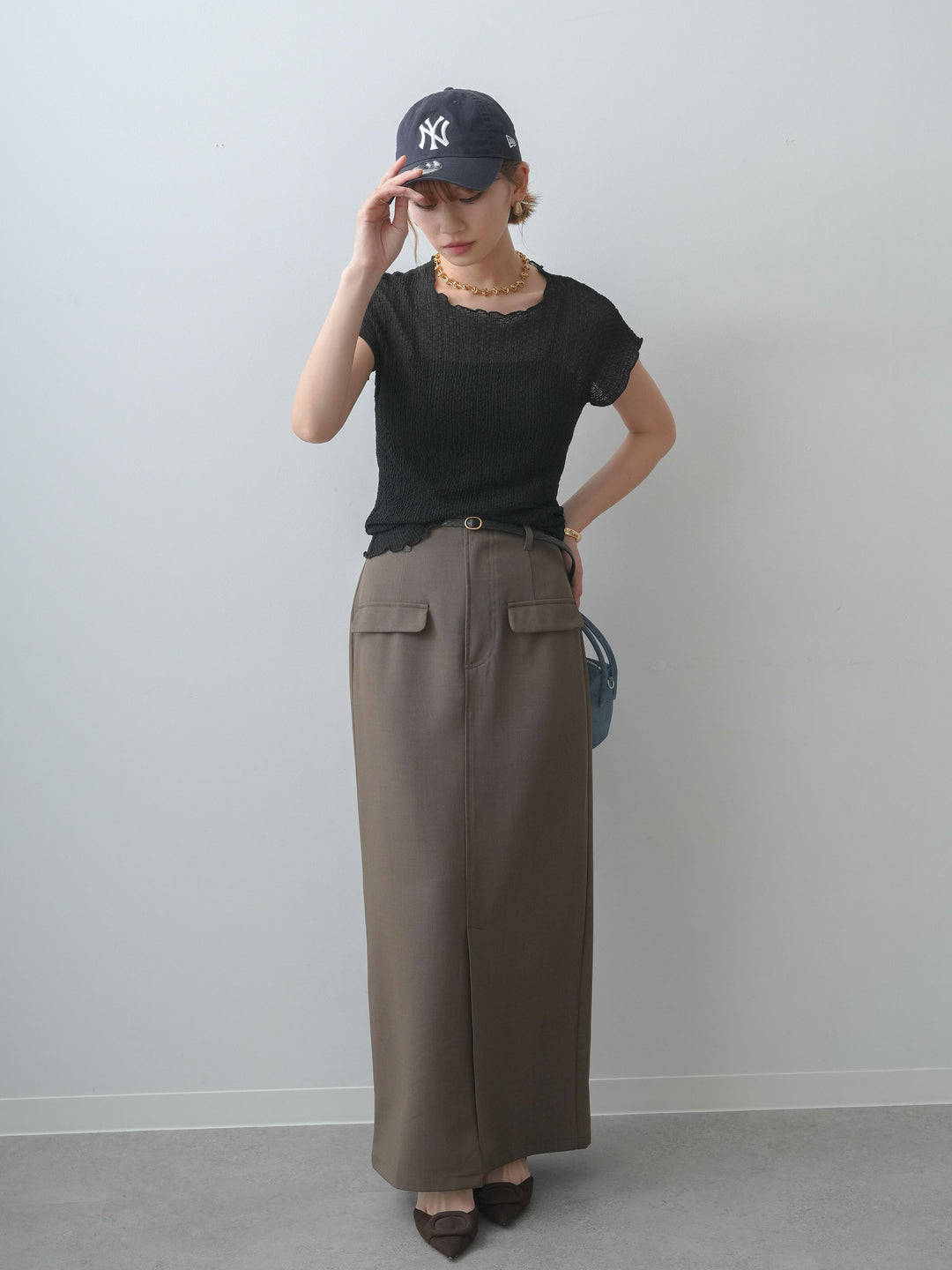 [SET]シャーリングシアーバックオープンフレンチトップス+クレープデシンフラップ付きストレートスカート(2set)