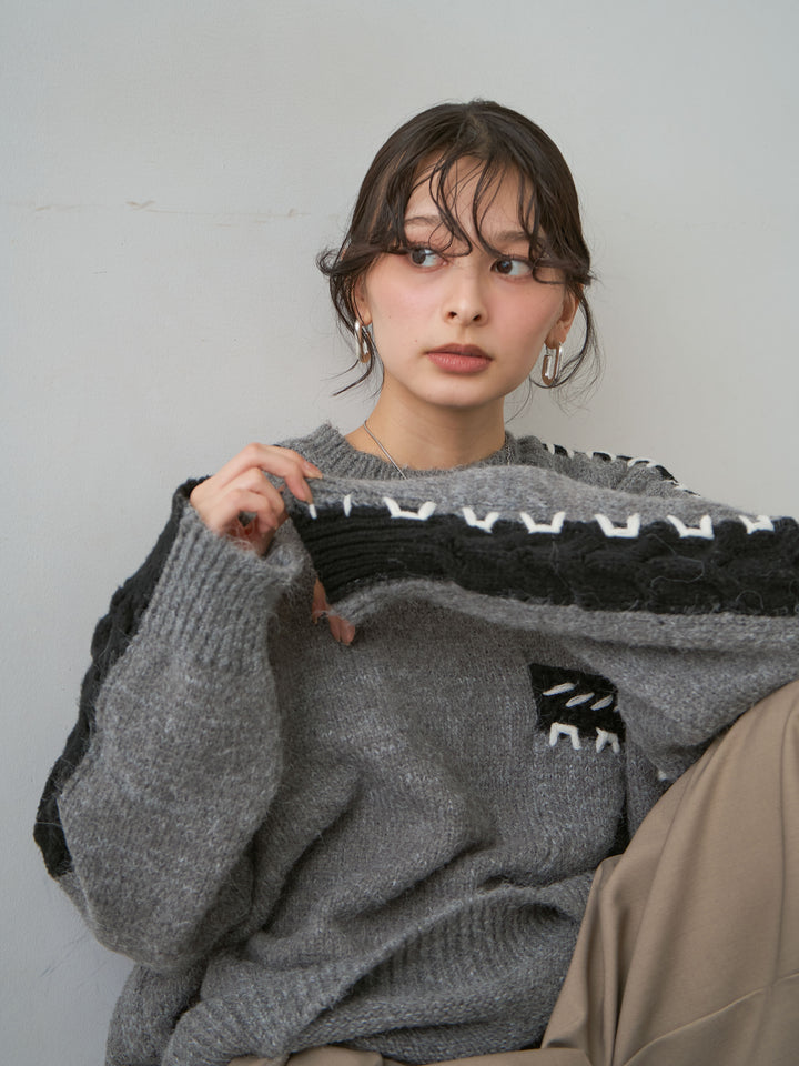 [SET]ハンドステッチデザインニットトップス+ツイルタックワイドパンツ(2set)