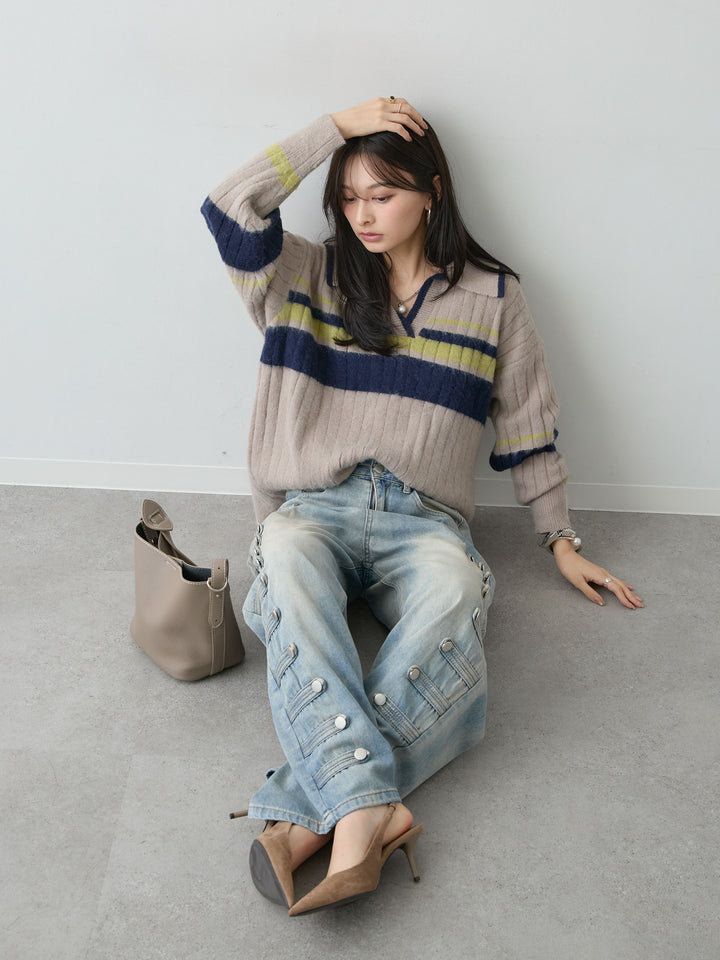[予約]マルチボーダー起毛スキッパーニットトップス/greige