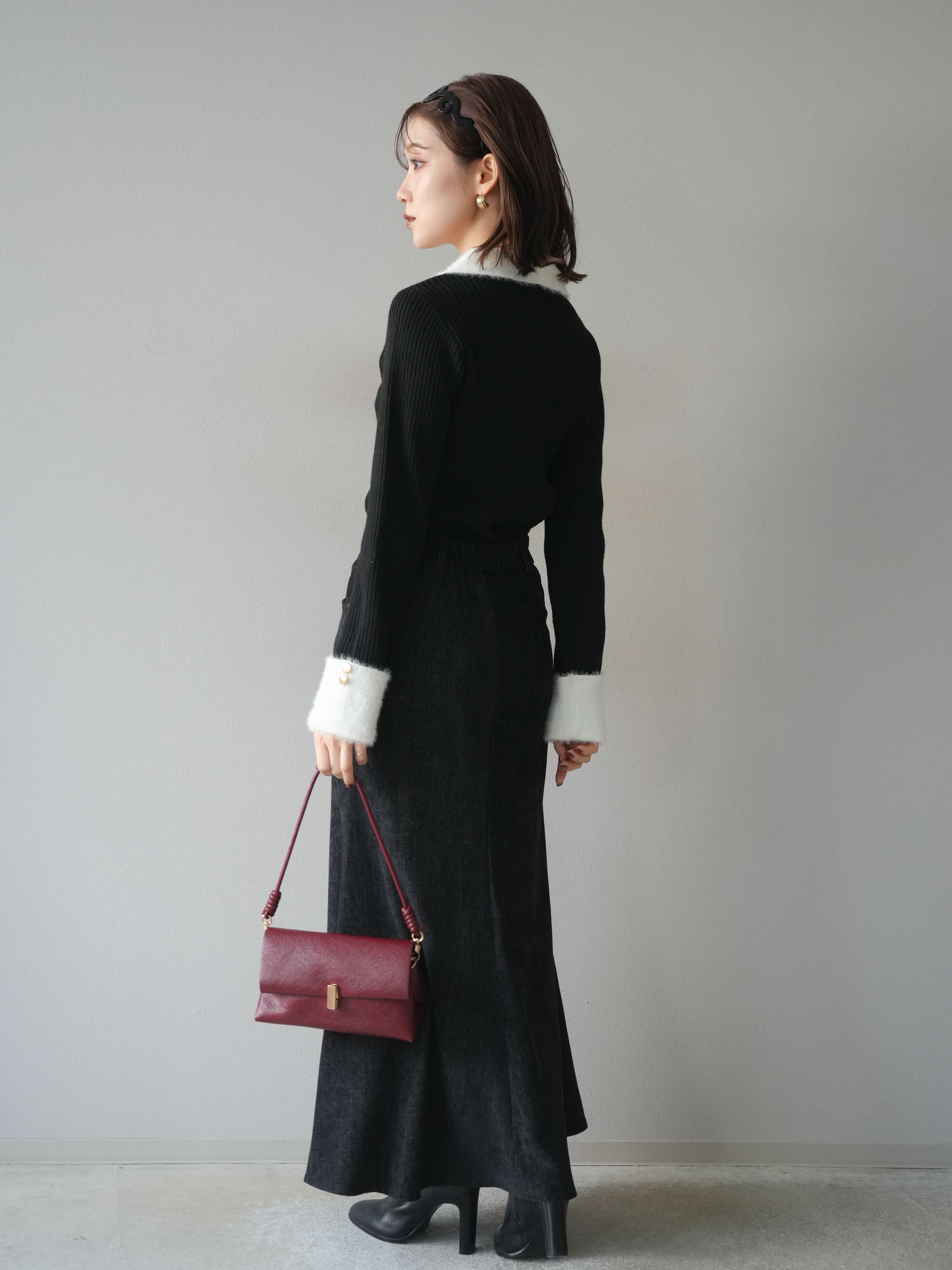 SET]シャギー襟リブニットトップス+ベルベットマーメイドスカート(2set