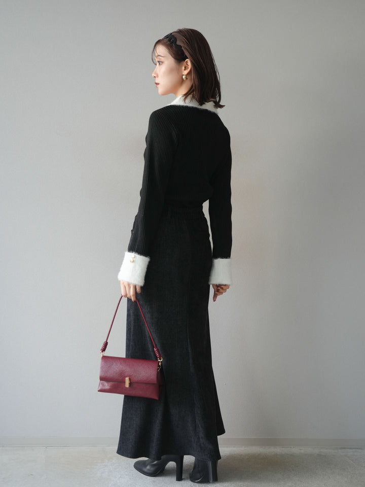 [SET]シャギー襟リブニットトップス+ベルベットマーメイドスカート(2set)