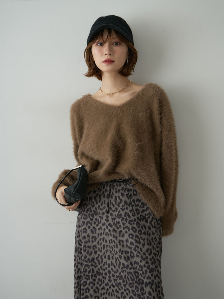 [予約]バックリボンVネックシャギーニットトップス/brown