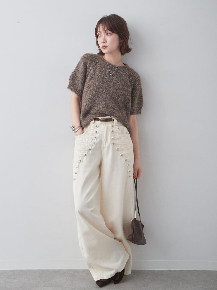 [SET]メランジショートニットトップス+ナポレオンワイドストレートパンツ(2set)