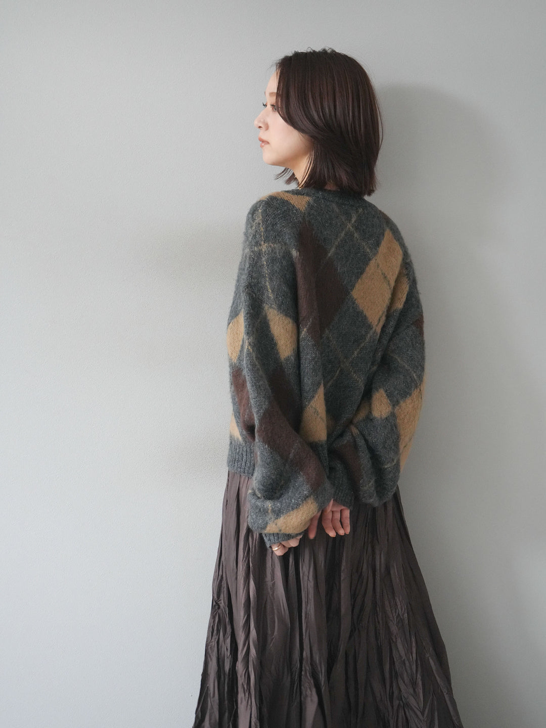 [予約]モヘアタッチアーガイルニットカーディガン/charcoal