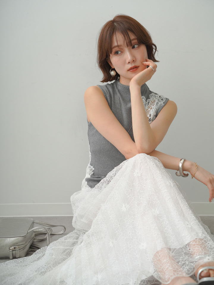 【套裝】側邊蕾絲無袖仿針織上衣 + 側邊蕾絲無袖仿針織上衣（兩件套）
