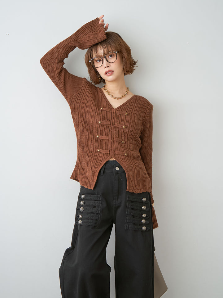 [予約]ナポレオンVネックリブニットトップス/brown