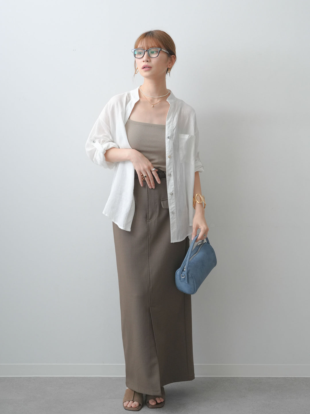 [SET]バックレースノーカラーシャツ+クレープデシンフラップ付きストレートスカート(2set)