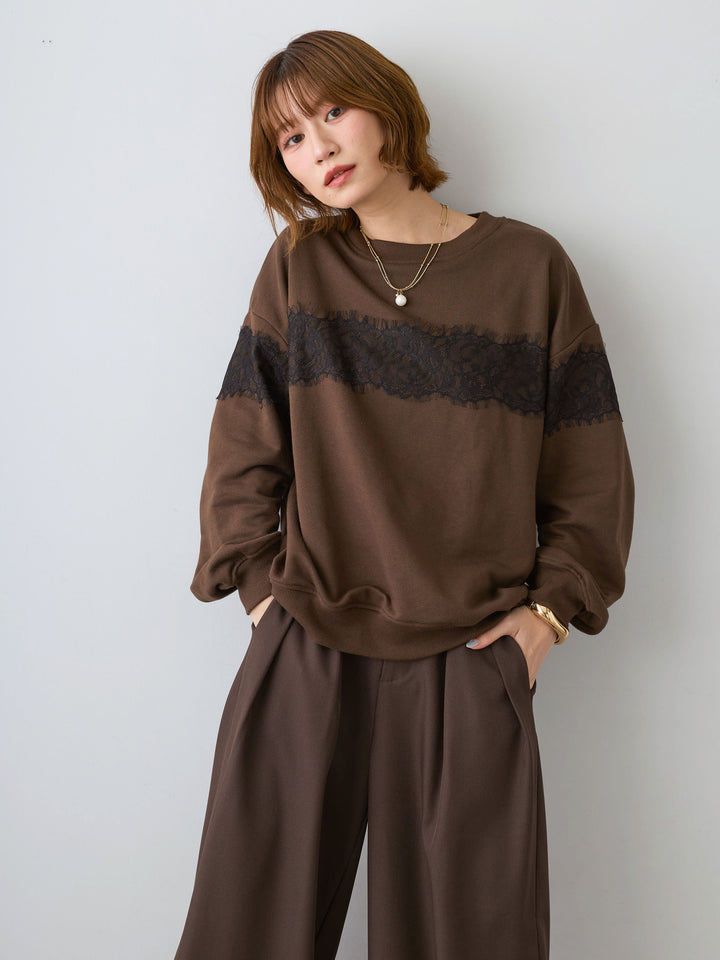 [SET]裏毛レースドッキングプルオーバー+ツイルタックワイドパンツ(2set)