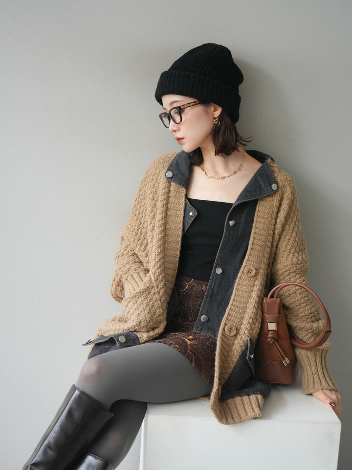 [予約]デニム襟レイヤードニットジャケット/beige