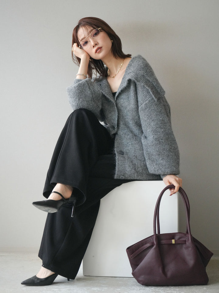 [予約]襟付きボタンオーバーニットカーディガン/gray