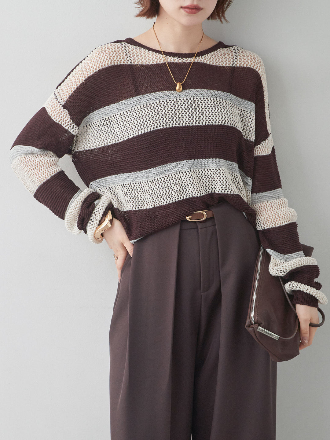 [予約]マルチボーダーメッシュニットトップス/brown