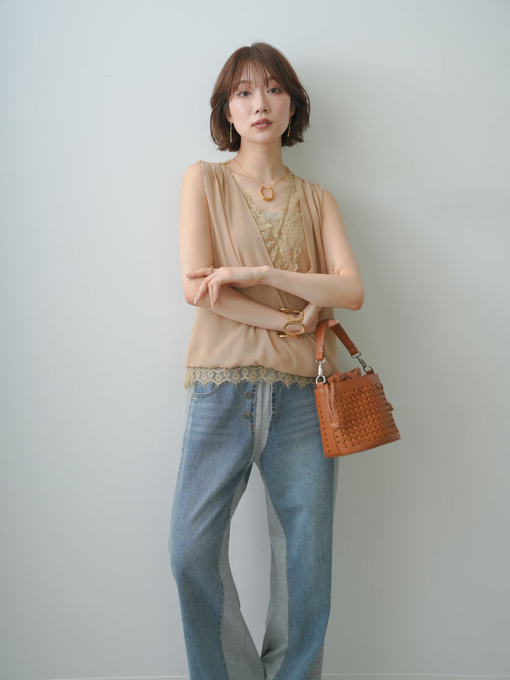 [SET]レースレイヤードカシュクールノースリブラウス+レースレイヤードカシュクールノースリブラウス(2set)