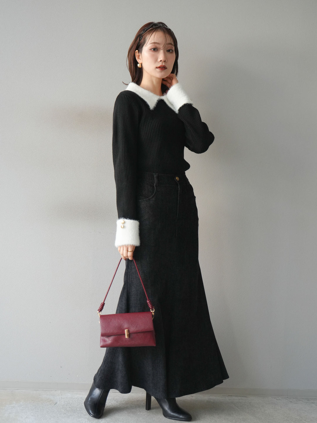 [SET]シャギー襟リブニットトップス+ベルベットマーメイドスカート(2set)