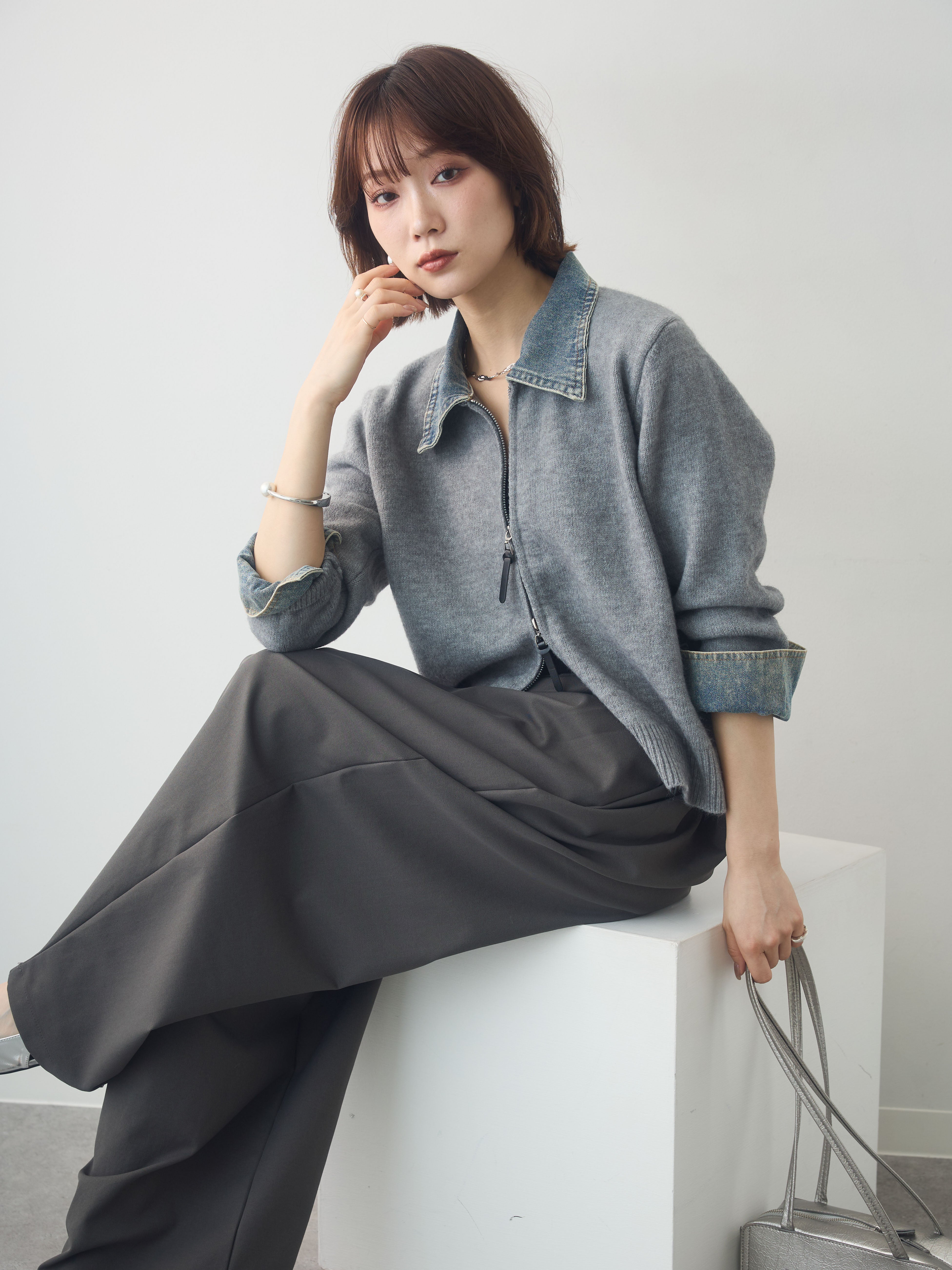 SET]デニム襟ジップカーディガン+サイドタックギャザーカーブパンツ