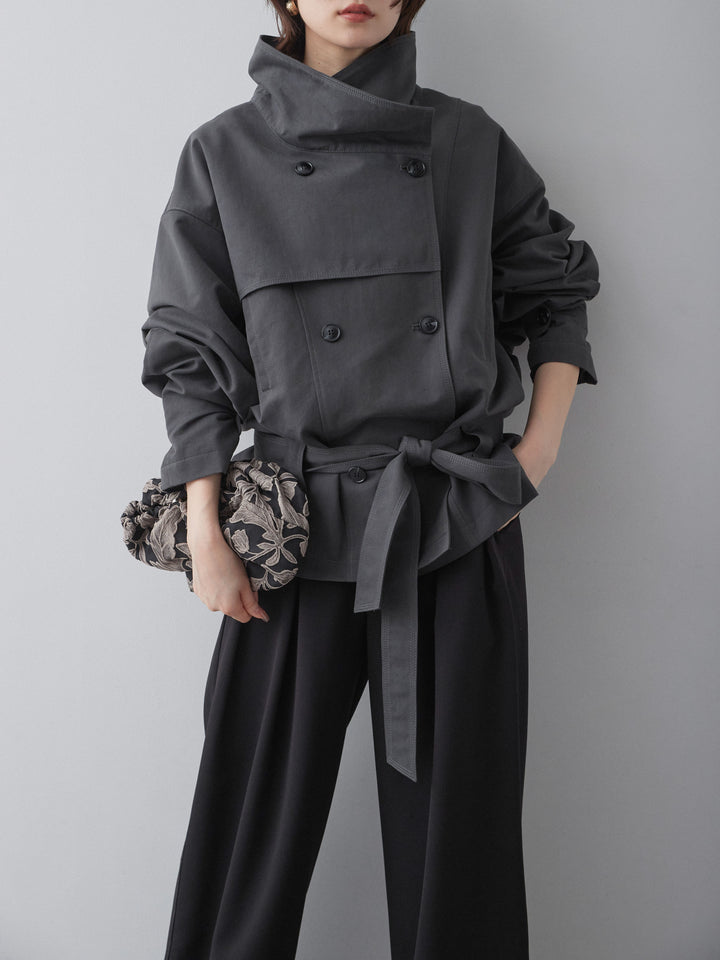 [予約]アシンメトリースタンドカラーショートトレンチ/black