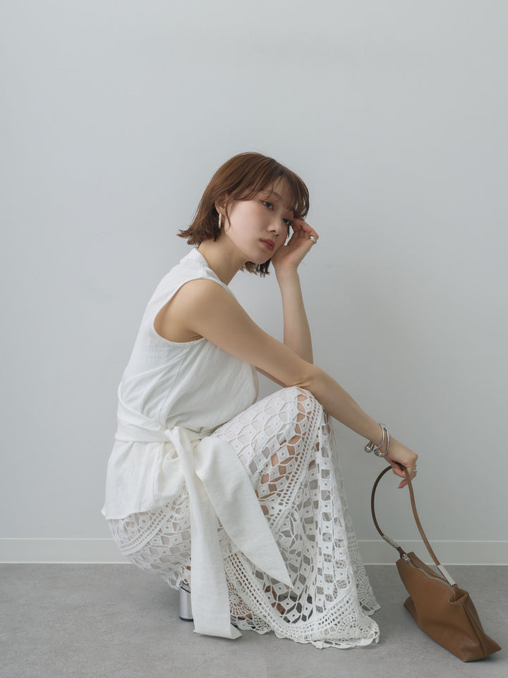 [SET]巻きデザインノースリブラウス+クロシェレースIラインスカート(2set)