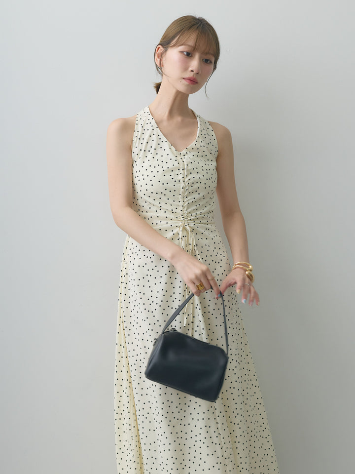 [予約]ホルターネックドット柄シャーリングデザインワンピース/ivory