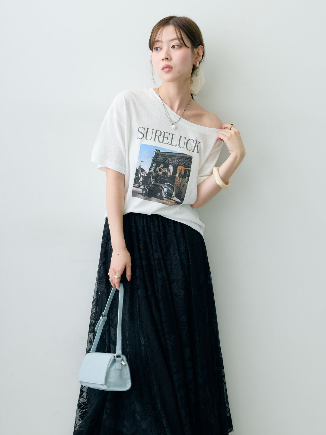 [SET]ワイドネックプリントTEE+ボタニカルパネルレースフレアスカート(2set)