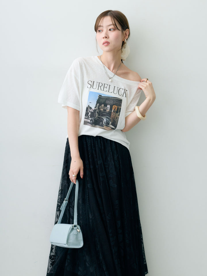 [SET]ワイドネックプリントTEE+ボタニカルパネルレースフレアスカート(2set)