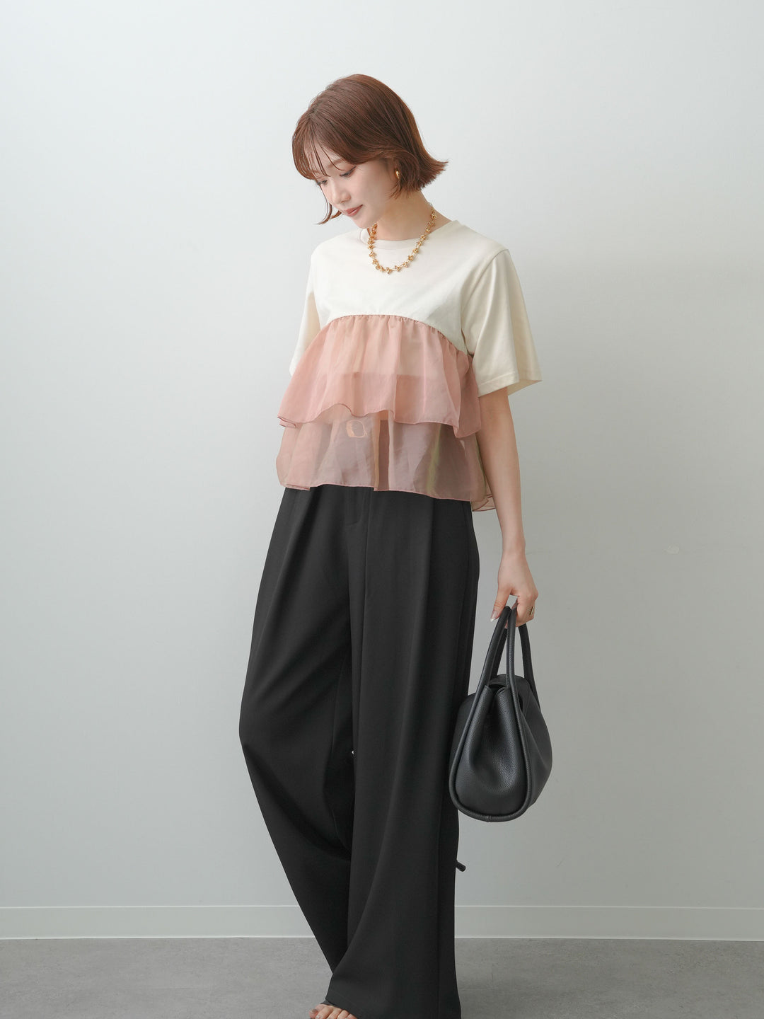 [SET]オーガンジーフリルドッキングTEE+ベルトループデザインワイドパンツ(2set)