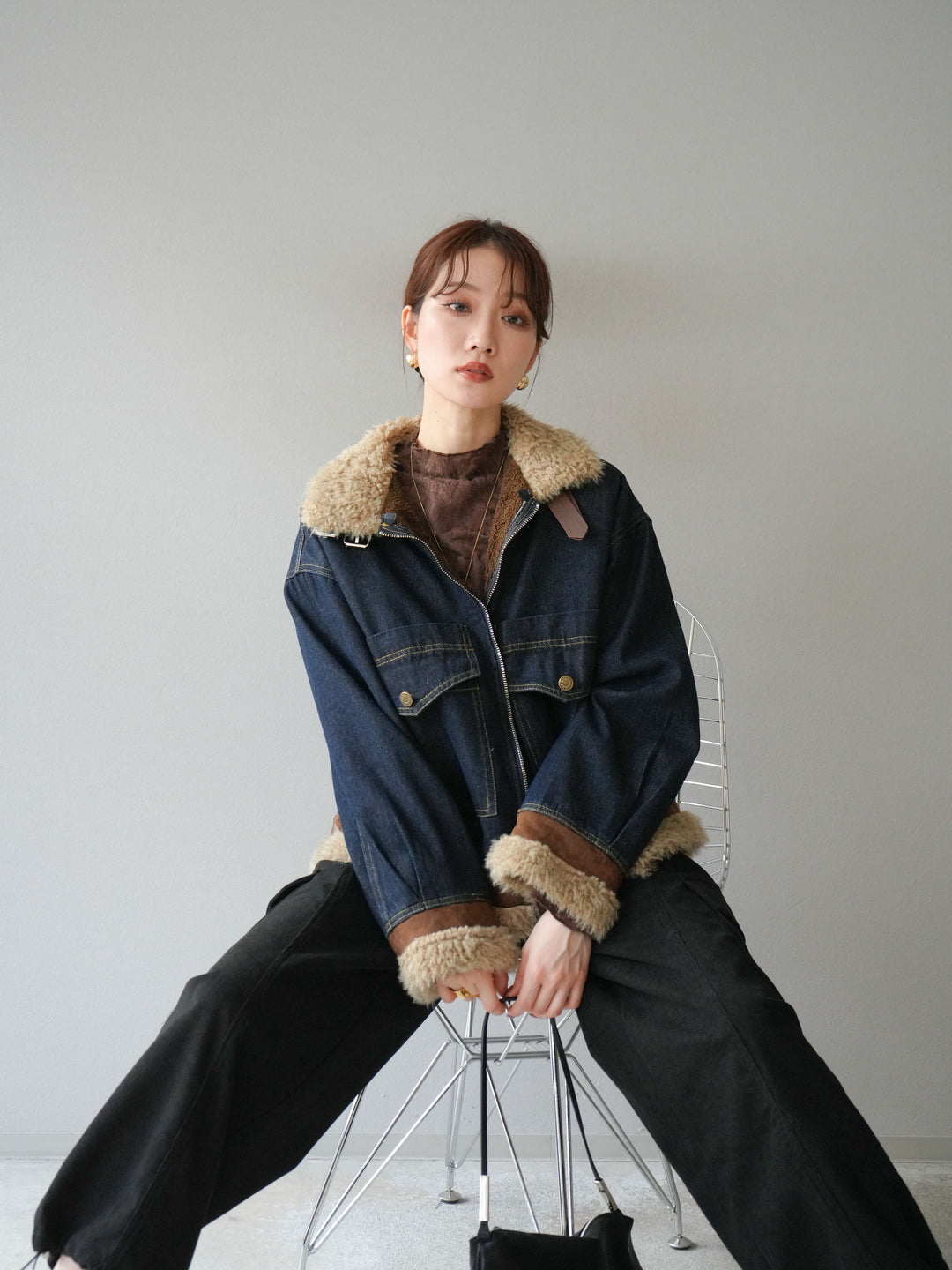 [予約]スタンドカラーファー×デニムジャケット/indigo