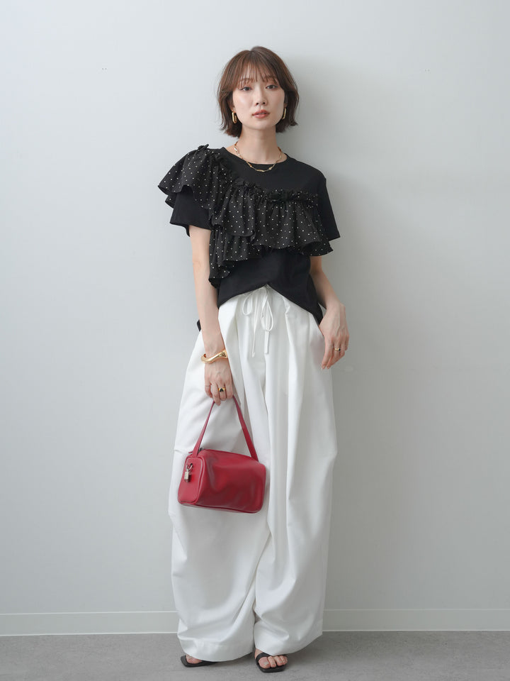 [SET]ドットギャザーフリルデザインTEE+ベルトループカーブタックワイドパンツ(2set)