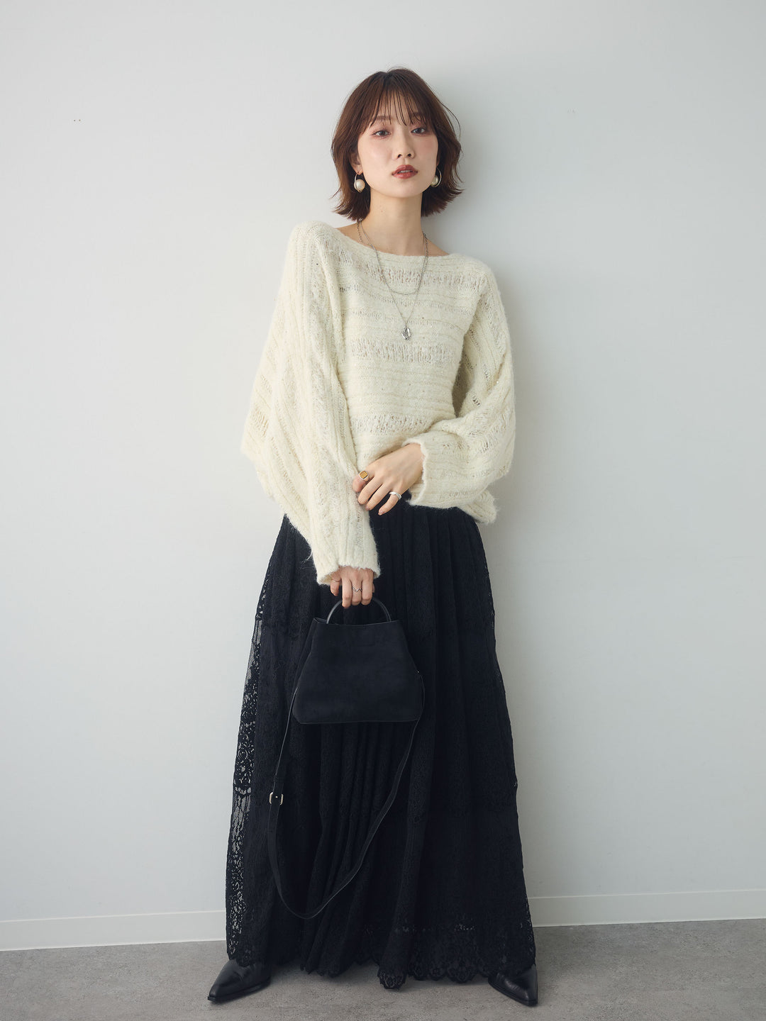 [SET]ミックス透かし編ワイドネックニットトップス+ベロアレースドレープフレアスカート(2set)