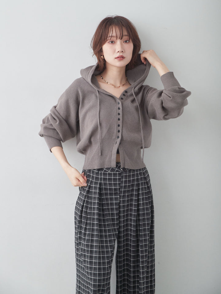 [SET]ボリュームスリーブフードニットカーディガン+チェックドレープワイドパンツ(2set)