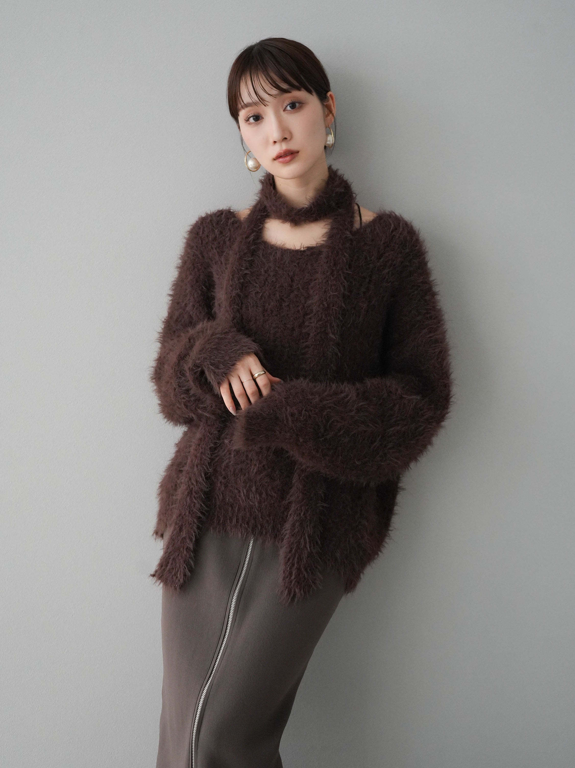 予約]ストール付ミックスヤーンシャギーニット/ブラウン – Lumier