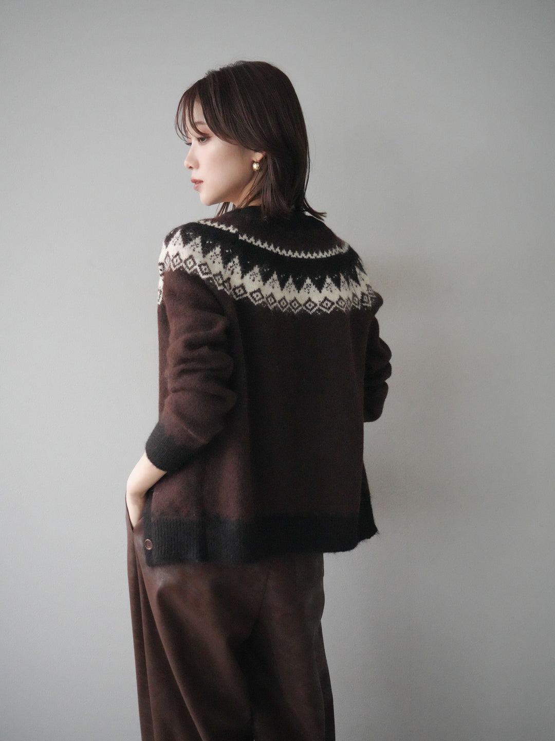 [予約]ノルディック柄ニットカーディガン/brown