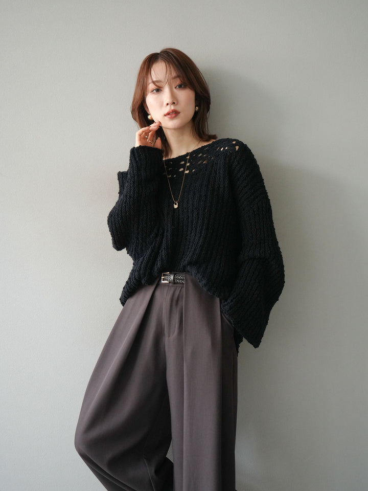 [予約]ボートネック透かし編みニットプルオーバー/navy