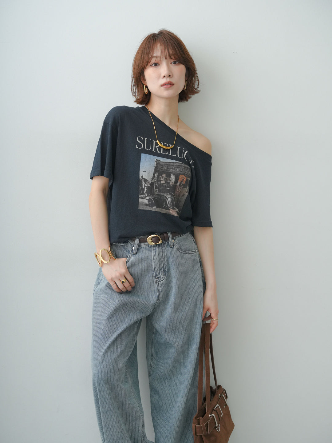 [予約]ワイドネックプリントTEE/navy