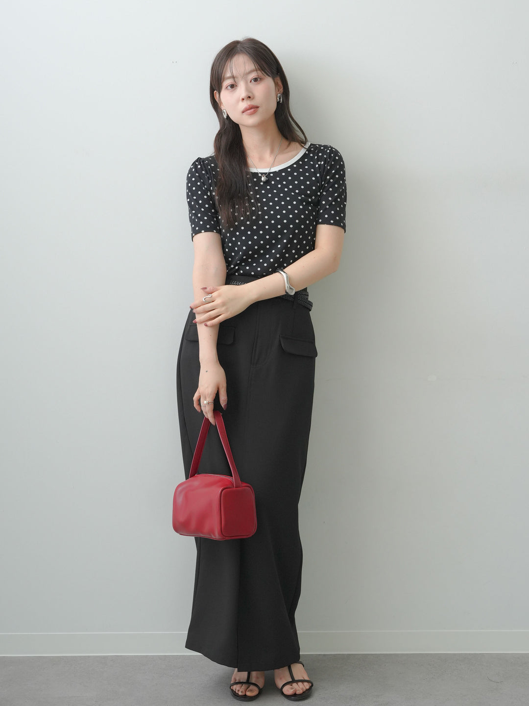 [SET]前後2wayドットバイカラーパイピングTEE+クレープデシンフラップ付きストレートスカート(2set)
