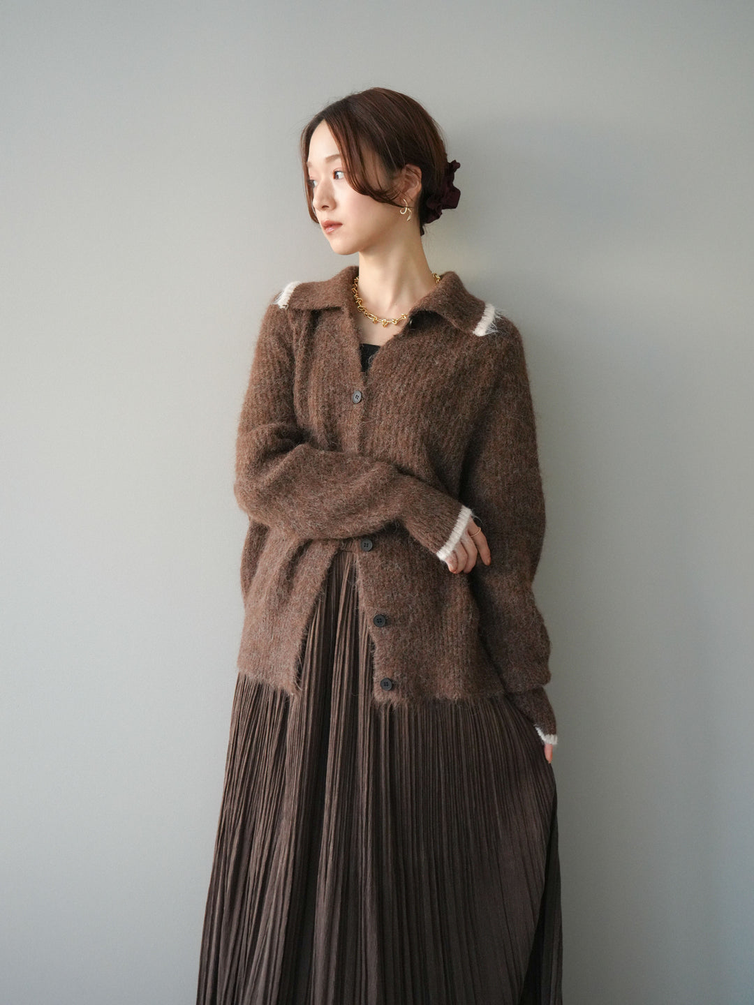 [予約]襟付きバイカラーミックスニットカーディガン/brown