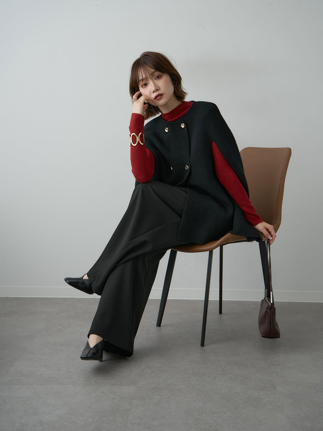 [SET]ゴールドボタンニットケープコート+リブモックネックニットトップス(2set)