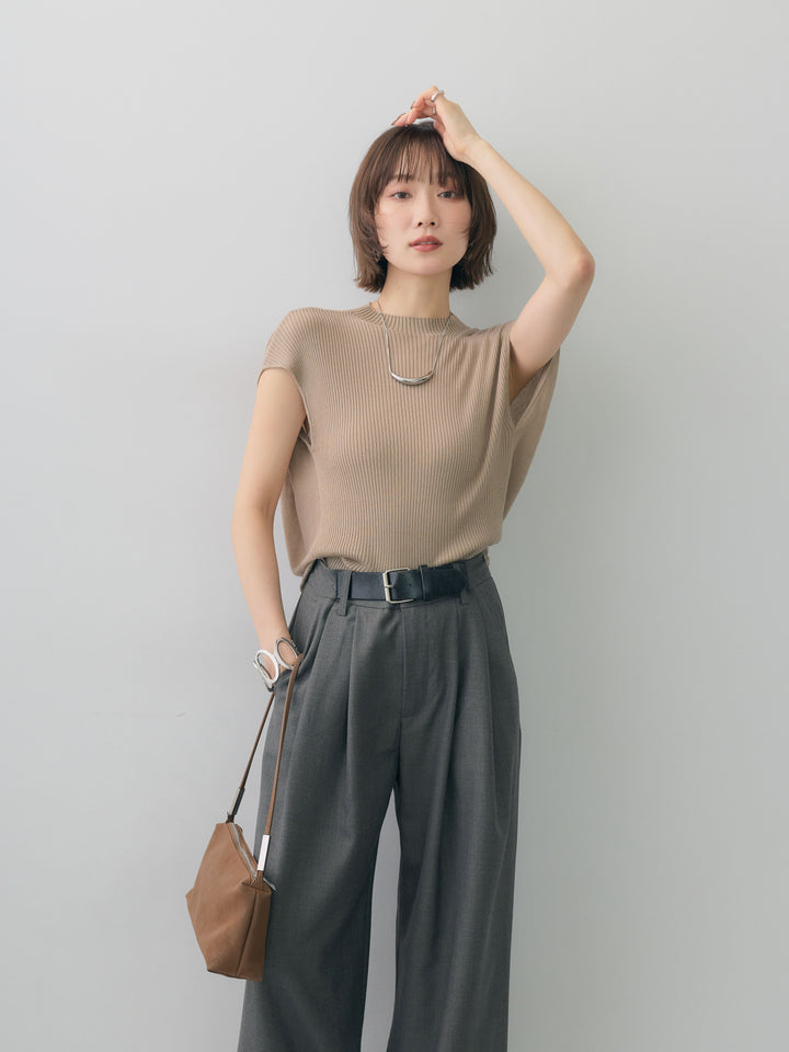 [予約]ボトルネックフロントリブニットトップス/beige